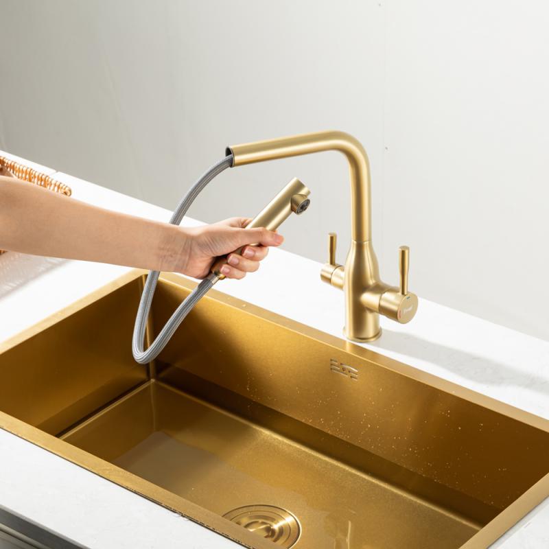 Вытяжной смеситель для кухни с фильтром Frap H96 F4396-33 золотой сатин