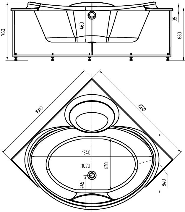 Акриловая ванна Aquatek Эпсилон 150*150, с вклеенным каркасом, фронтальным экраном, сифоном