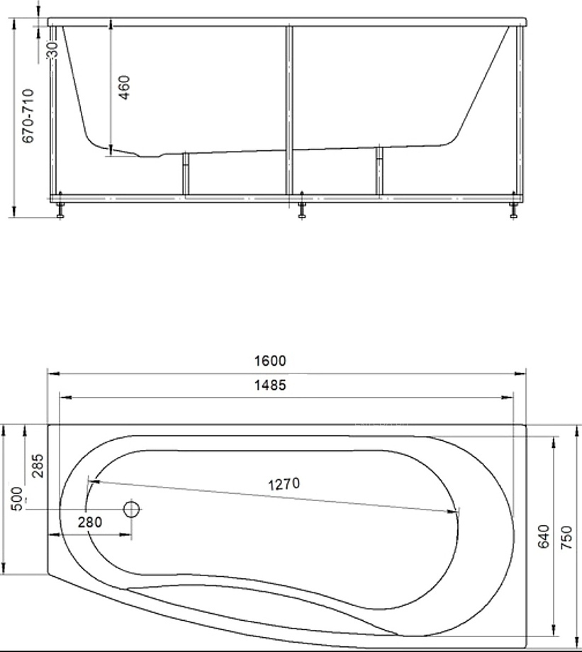 Акриловая ванна Aquatek Пандора 160*75 R правая, с фронтальным экраном, каркасом, сифоном
