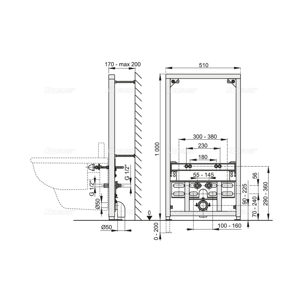 Инсталляция для биде Alcaplast A105/1000 высота монтажа 1 м