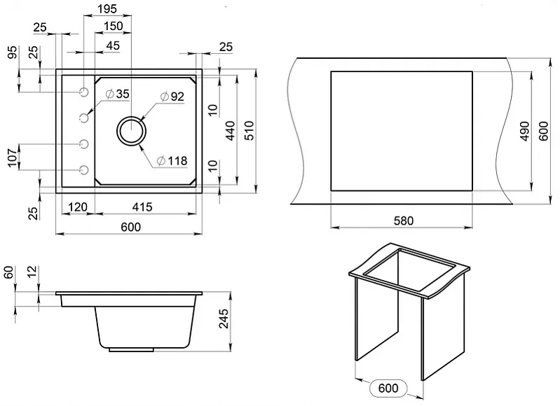 Кухонная мойка Granula KS-6004 Шварц (черный металлик)