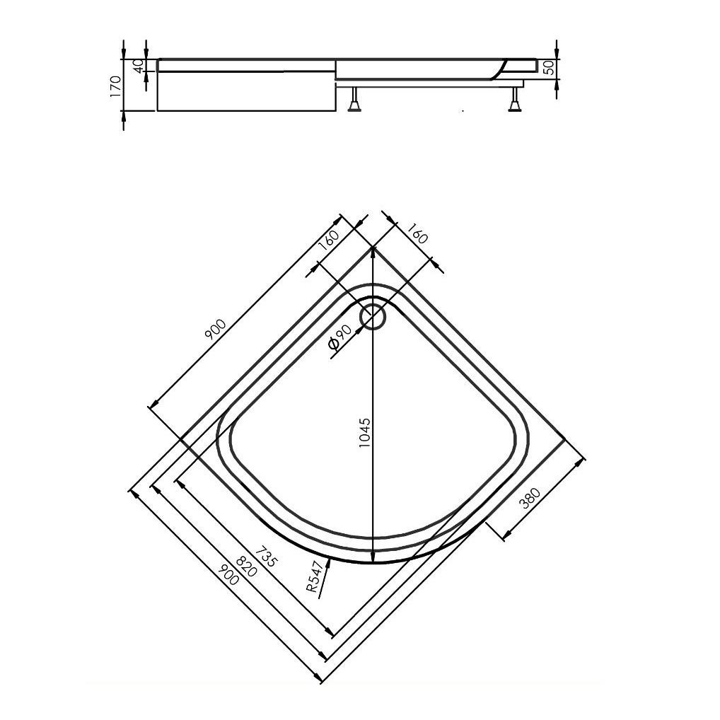 Поддон Alex Baitler AB9017D-1 1/4 круга в сборе (900*900*170)