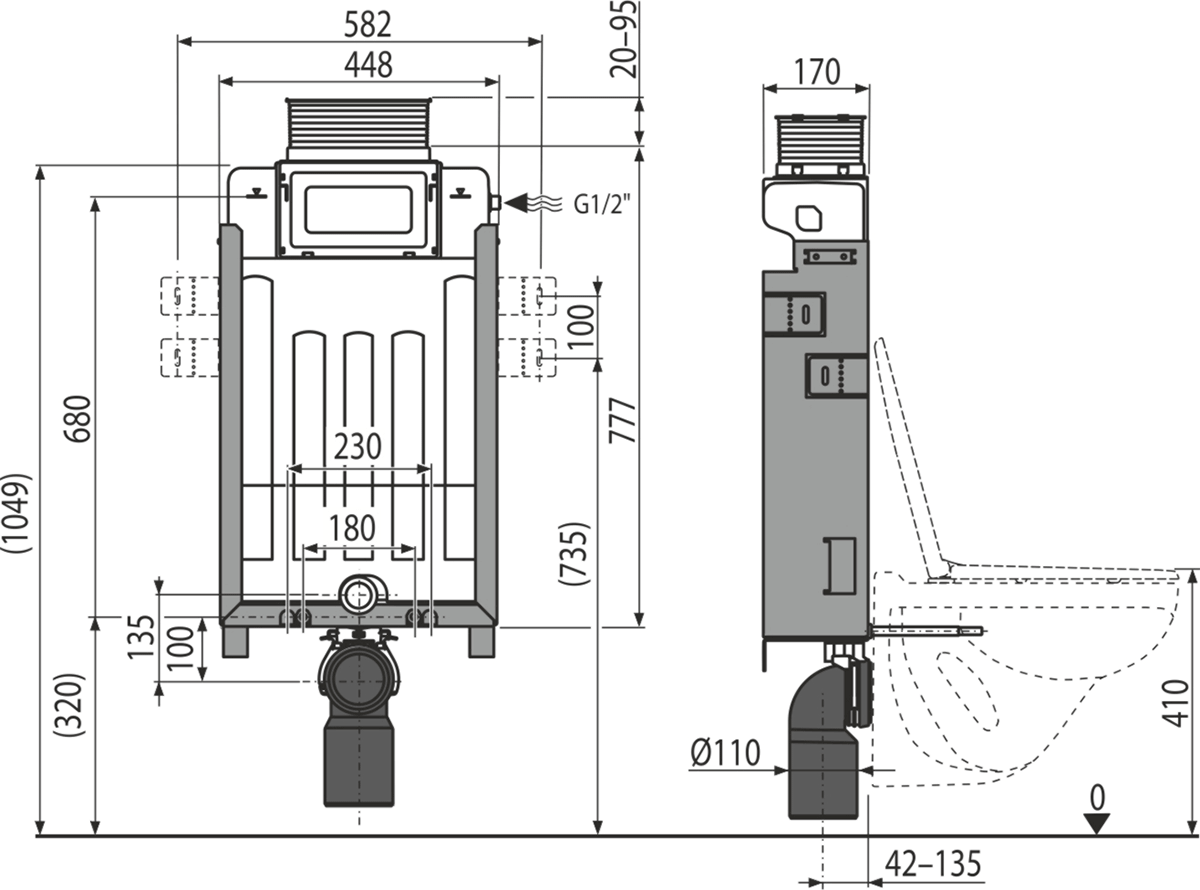 Инсталляция для подвесного унитаза Alcaplast Renovmodul AM119/1000, управление сверху или спереди