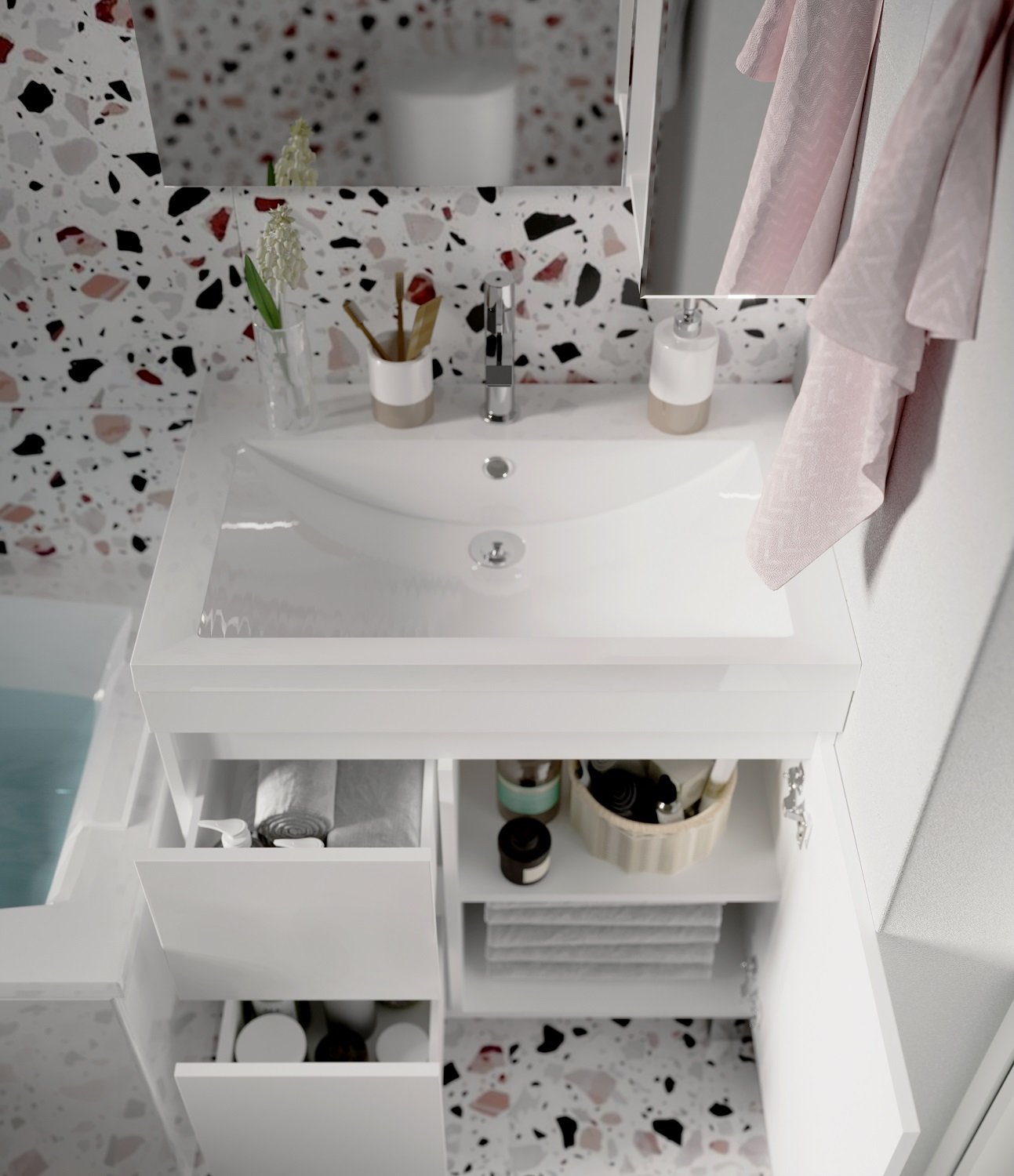 Тумба 1Marka Cube 75Н 2в.я 1д Белый глянец