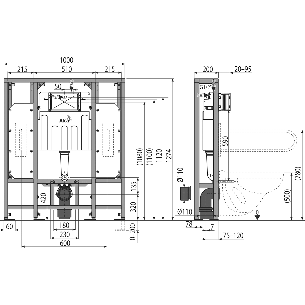 Инсталляция для подвесного унитаза Alcaplast Solomodul AM116/1300H