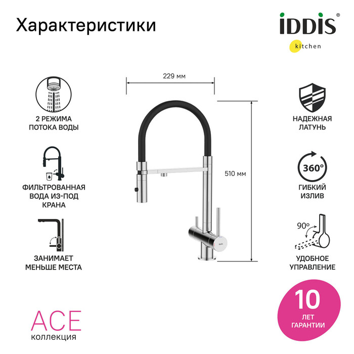 Смеситель для кухни с подключением фильтра Iddis Ace ACESBFFi05 хром-черный