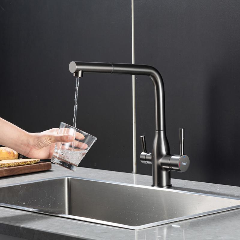 Вытяжной смеситель для кухни с фильтром Frap H96 F4396-39 оружейная сталь