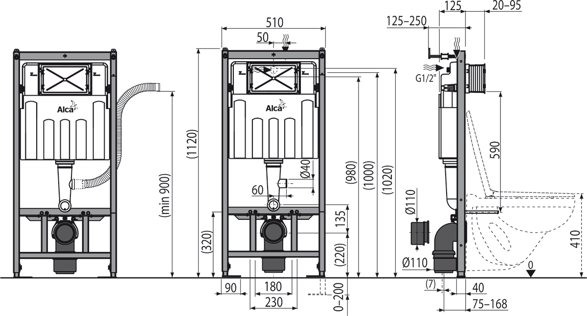 Инсталляция для подвесного унитаза Alcaplast Sadromodul AM101/1120V с возможностью вентилляции, высота монтажа 1,2 м