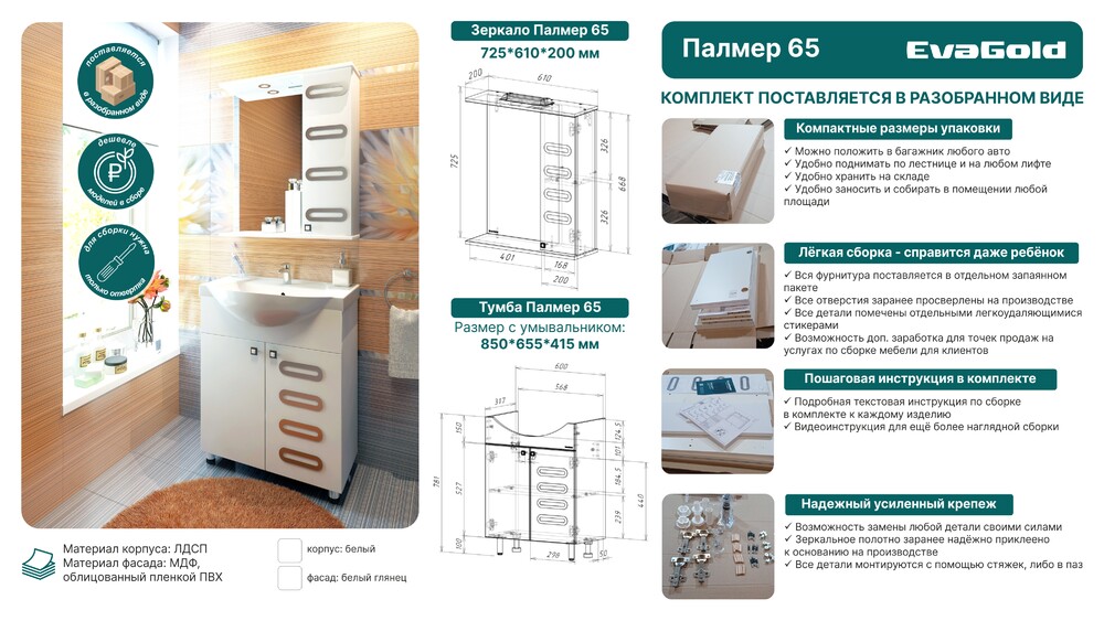 Напольная тумба EvaGold Палмер 65 (Балтика 65, Элеганс 65) в разборе
