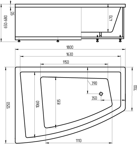Акриловая ванна Aquatek Оракул 180*125 L левая, с вклеенным каркасом, фронтальным экраном, сифоном