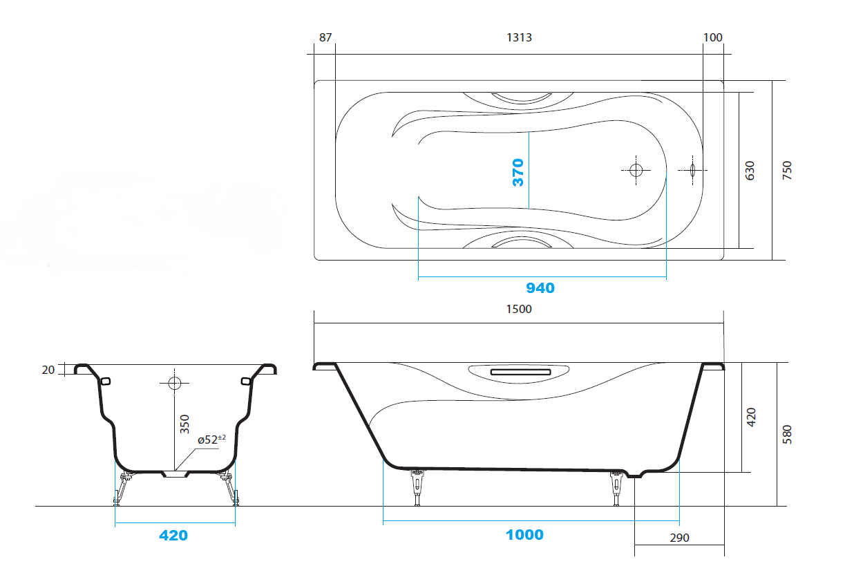 Чугунная ванна Aquatek Гамма 150*75 AQ8050FH-00, с ножками