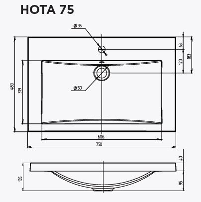 Раковина 1Marka Нота New Polytitan 75