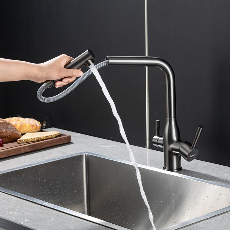 Вытяжной смеситель для кухни с фильтром Frap H96 F4396-39 оружейная сталь