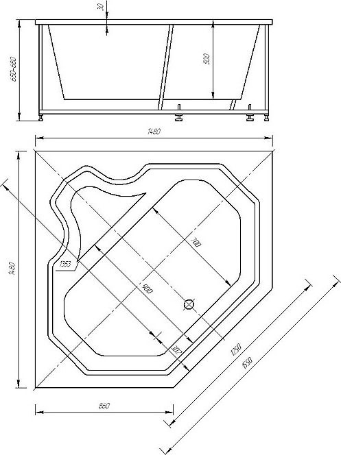 Акриловая ванна Aquatek Лира 148x148, с вклеенным каркасом, слив-переливом