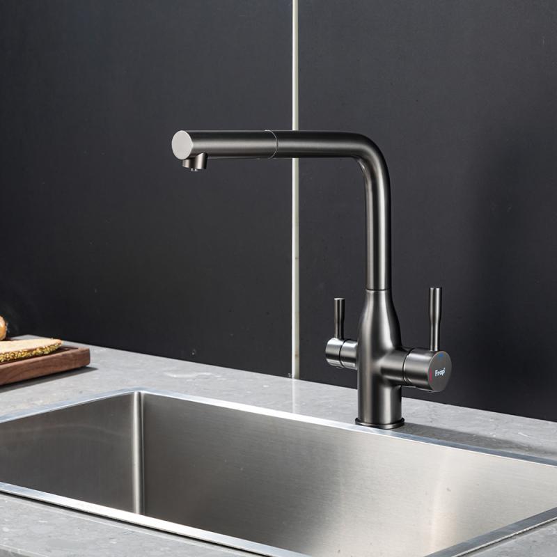 Вытяжной смеситель для кухни с фильтром Frap H96 F4396-39 оружейная сталь