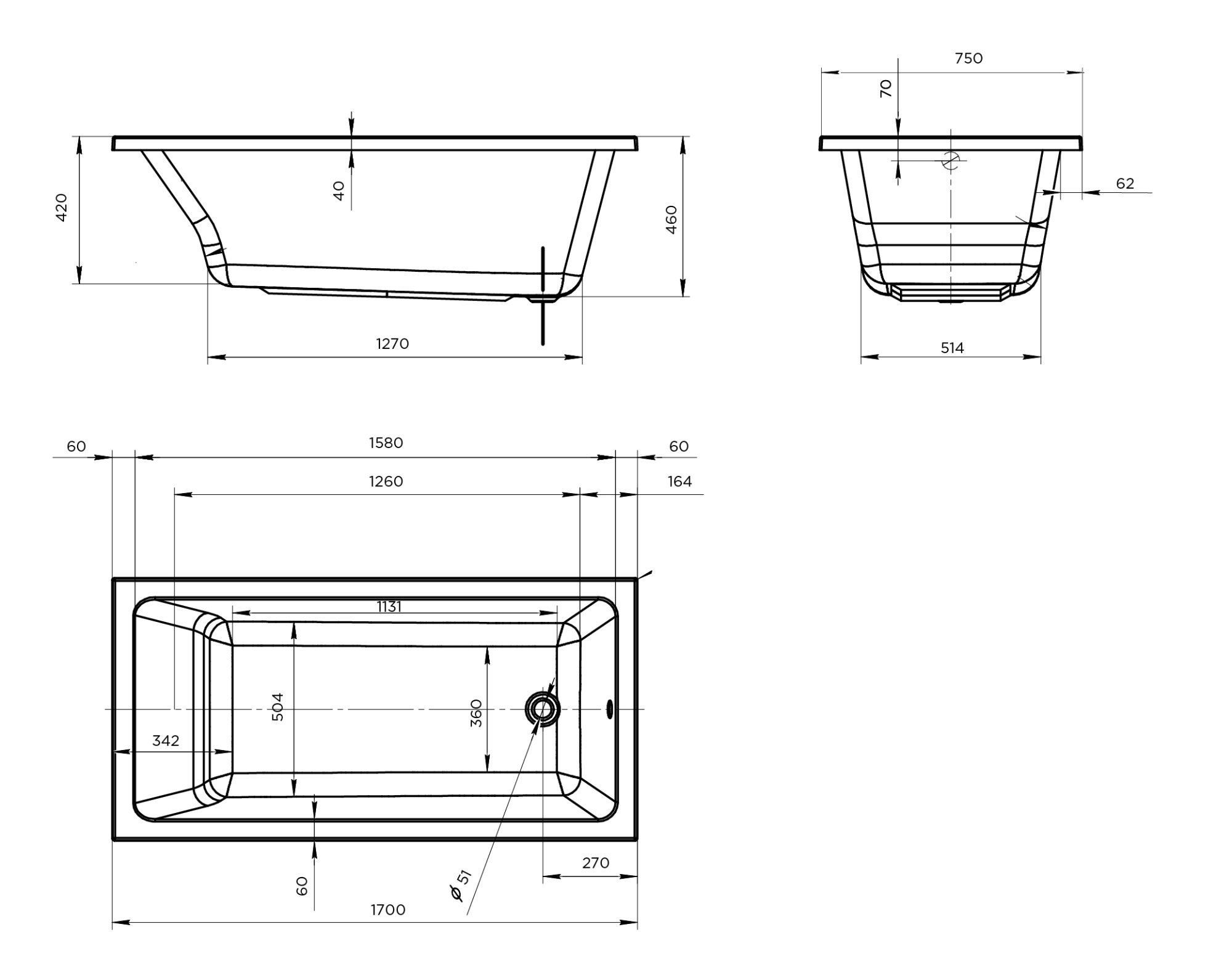 Акриловая ванна Marka One Bianca 170x75