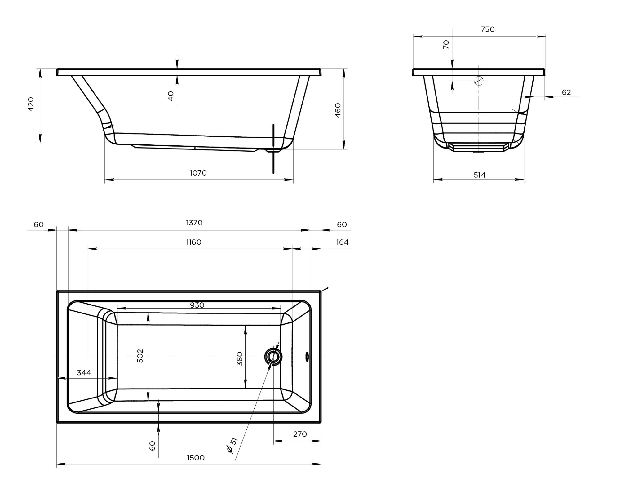 Акриловая ванна Marka One Bianca 150x75